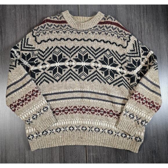 Vintage Eddie Bauer Sweater Mens XL Beige Wool Fisherman Fair Isle Snowflake - Picture 1 of 6